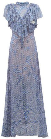 Lyla Graphic Print Ruffled Devore Maxi Dress - Womens - Blue