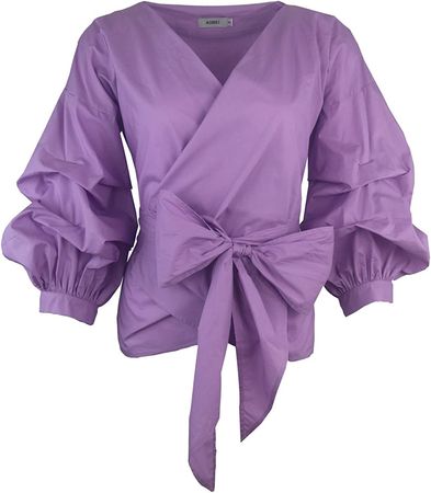 AOMEI Women Spring Summer Blouses with Puff Sleeve Sashes Shirts Peplum Tops Purple Color at Amazon Women’s Clothing store