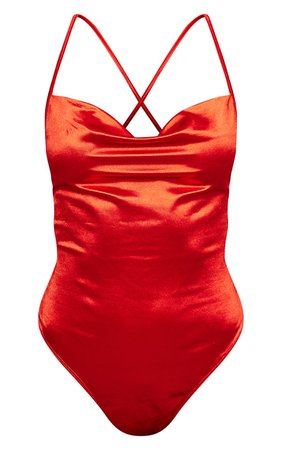 Red Satin Cowl Halterneck Bodysuit - Tops - Womens Clothing | PrettyLittleThing USA