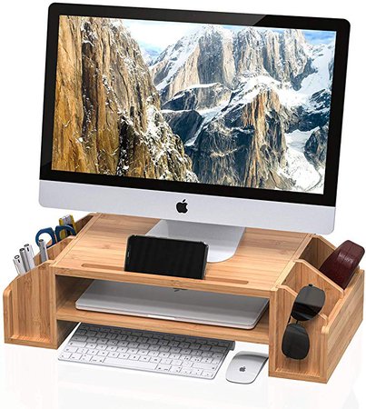 Amazon.com : WELL WENG Bamboo 2-TIier Monitor Riser with Adjustable Storage Organizer Desktop Stand for iMac, Printer, Notebook, Xbox one, PS4 (MR3-SG)) : Office Products