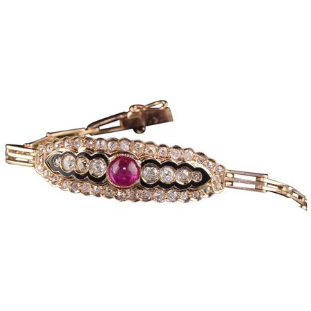 Antique Victorian 14K Rose Gold Old Mine Diamond and Cabochon Ruby Bracelet For Sale at 1stDibs