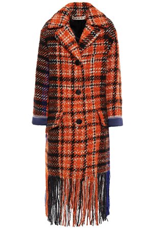 Orange Satin-trimmed fringed checked wool-blend bouclé-tweed coat | Sale up to 70% off | THE OUTNET | MARNI | THE OUTNET