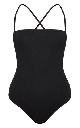 Black Rib Strappy Back Thong Bodysuit | Tops | PrettyLittleThing