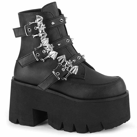 (Black Leather) Demonia | ASHES-55, Goth Chunky Platform with Bats Buckle