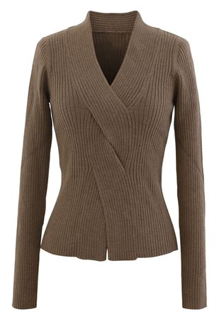 Cross Front Ribbed Knit Top in Brown - Retro, Indie and Unique Fashion