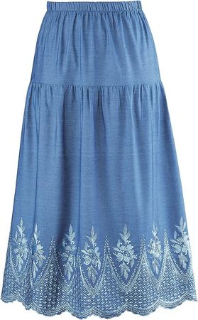 Collections Etc Women's Elastic Waistband Embroidered Scalloped Denim Skirt Denim X-Large at Amazon Women’s Clothing store