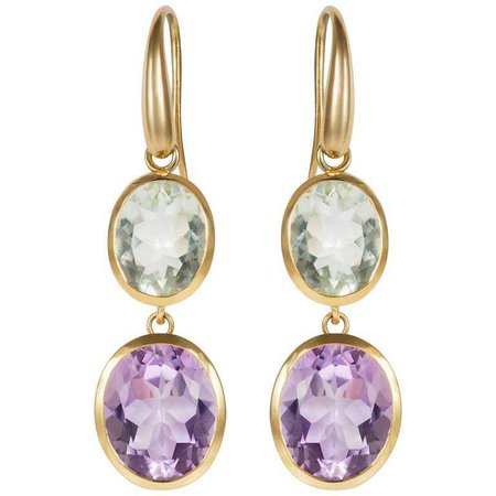 Yellow Gold Purple and Green Amethyst Double Drop Earrings For Sale at 1stdibs