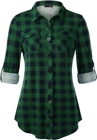 DJT Women's Classic Plaid Shirt Button Down Blouse Tunic Tops Large Green Plaid at Amazon Women’s Clothing store