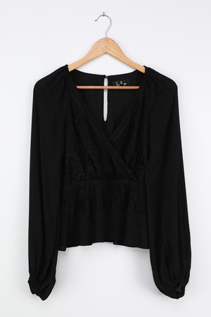 Lovely Black Top - Lace Top - Long Sleeve Peplum Top - Blouse