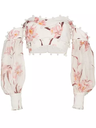 Zimmermann Corsage Bauble floral print off shoulder linen top $950 - Shop SS19 Online - Fast Delivery, Price