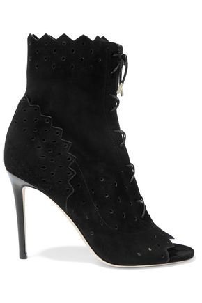 JIMMY CHOO WOMAN DEI PERFORATED SUEDE PEEP-TOE ANKLE BOOTS BLACK.