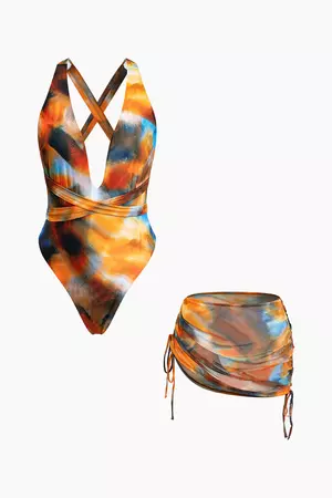 Abstract Print V-neck Cross Back Tie Swimsuit And Mesh Ruched Mini Sar – Micas
