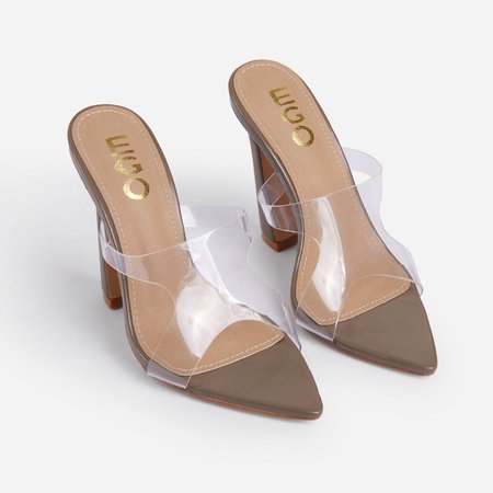 Persona Pointed Peep Toe Clear Perspex Curved Block Heel Mule In Khaki Green Faux Leather | EGO
