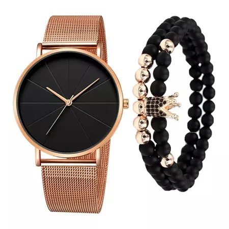 3pcs/set Simple Quartz Watch With Scale Mesh Strap And Crown Beaded Bracelet | SHEIN USA