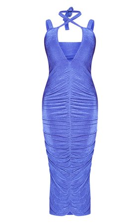 Bright Blue Slinky Ruched Halterneck Detail Midi Dress | PrettyLittleThing USA