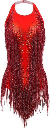 Red Rhinestone Bodysuit Women Sexy Drag Queen Outfit Backless Sleeveless Halter Latin Jazz Dance Leotard with Fringe, Red, One Size : Amazon.com.au: Clothing, Shoes & Accessories