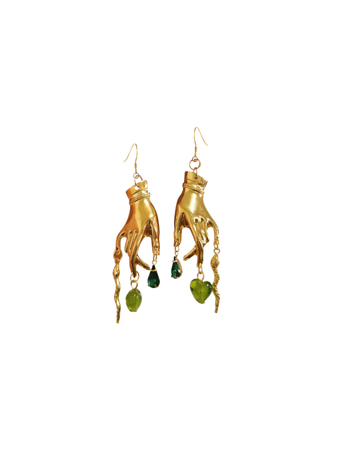 gold hands green gems earrings antique jewelry