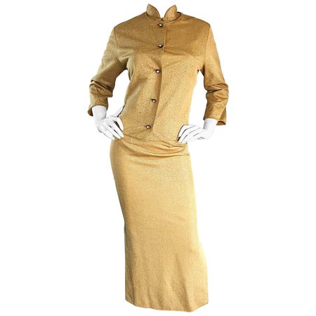 1960s Alfred Shaheen Gold Jersey Metallic Cheongsam 60s Dress and Cardigan Set For Sale at 1stDibs | 1960s cheongsam