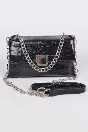 Black Snakeskin Crossbody Bag with Chain Strap
