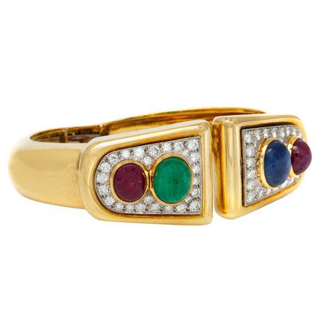 David Webb Cabochon Emerald Sapphire and Ruby Gold Cuff Bracelet with Diamonds For Sale at 1stDibs