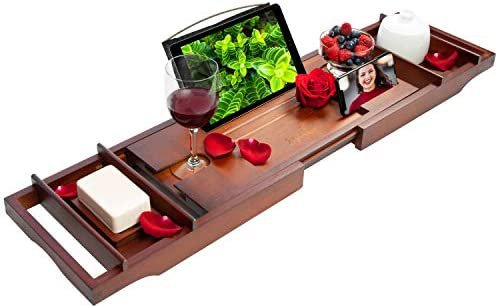 Amazon.com: Estala Luxurious Bamboo Bathtub Tray Caddy- Expandable Sides Cherry Wood Bathtub Organizer with Candles, Book, Tablet, Phone, Wine Glass, Soap Holder - Nonslip Bottom - Shower Spa Accessories: Kitchen & Dining