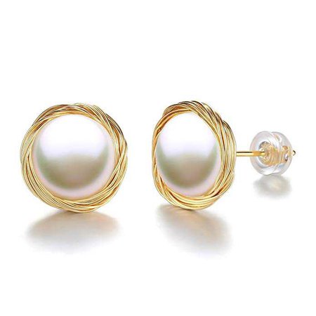 Amazon.com: Handmade 14K Gold Women Wire Twist 10mm Large Freshwater Cultured Pearl Stud Earrings: Jewelry