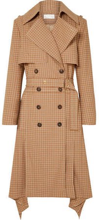 Draped Checked Woven Trench Coat - Brown