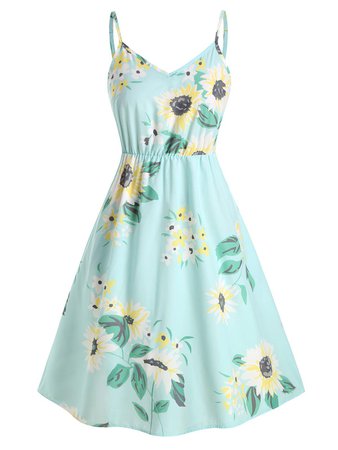 Plus Size Smocked Sunflower Print Midi Dress [54% OFF] | Rosegal
