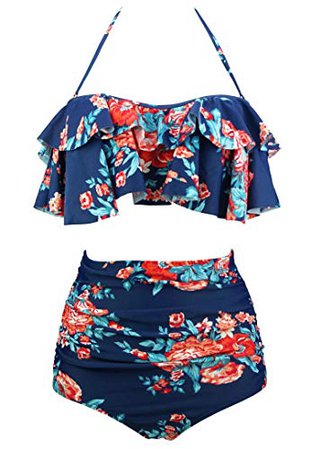 COCOSHIP Red Pink & Navy Blue Antigua Floral Retro Boho Flounce Falbala High Waist Bikini Set Chic Swimsuit Bathing Suit XXL(FBA): Clothing
