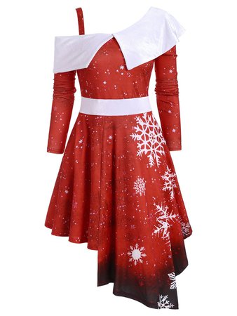 [42% OFF] 2019 Snowflake Skew Neck Asymmetric Christmas Dress In RED | DressLily