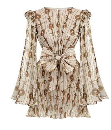 RAISAVANESSA Metallic Seashell Chiffon Long Sleeve Mini Dress