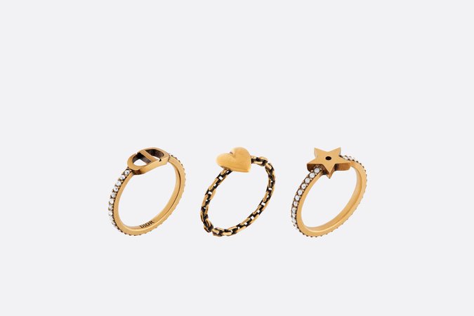 Lucky CD Set of Three Rings Antique Gold-Finish Metal and White Crystals - Fashion Jewelry - Women's Fashion | DIOR
