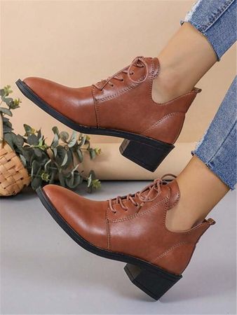 Women's Fashionable Short Boots With V-cut And Thick Heel, Lace-up | SHEIN USA