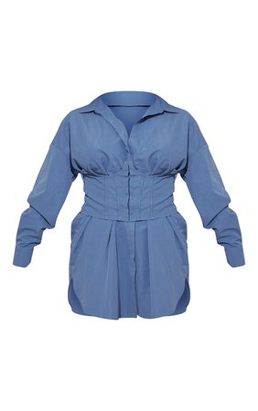 Blue Long Sleeve Underbust Corset Detail Shirt Dress | PrettyLittleThing USA