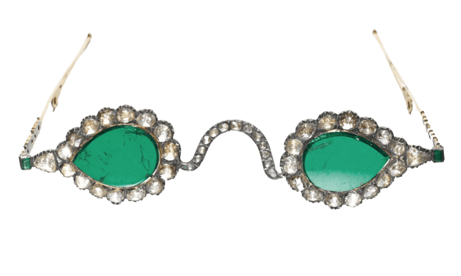 A pair of Mughal spectacles with emerald lenses and diamond mounted frames, India (lenses 17th century, frames 19th century)