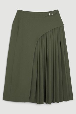 Tailored Buckle Detail Pleated Midi Skirt | Karen Millen