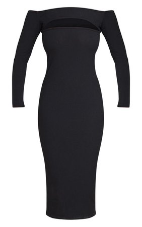 Black Rib Cut Out Long Sleeve Midi Dress | PrettyLittleThing USA