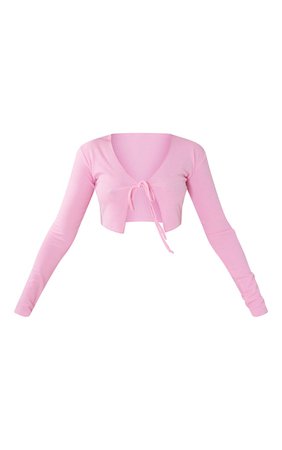 Baby Pink Rib Tie Frill Hem Long Sleeve Crop Top | PrettyLittleThing CA