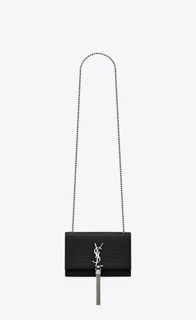 Borsa KATE small con catena e nappina in pelle lucida stampata effetto coccodrillo nera | Saint Laurent Italia | YSL.com