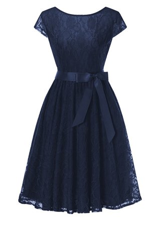 Navy Blue Lace Pleated Bow Round Neck Vintage Party Midi Dress - Midi Dresses - Dresses