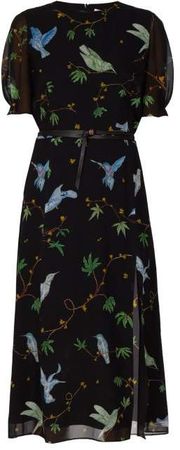 Gormann Bird Print Silk Chiffon Midi Dress - Womens - Black Print