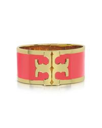 Lyst - Tory Burch Tory Gold Brass And Red Volcano Enamel Raised Logo Wide Cuff Bracelet in Red