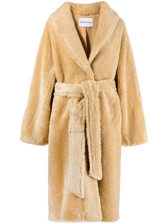 STAND STUDIO Belted Shearling Coat - Farfetch