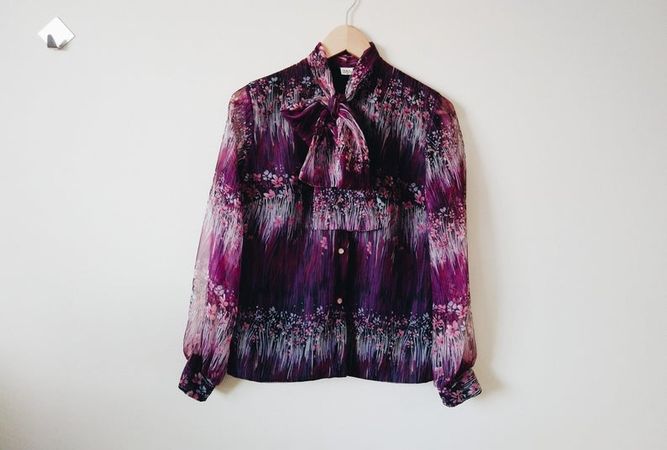 Vintage purple floral long sleeve blouse with sheer sleeves | Etsy