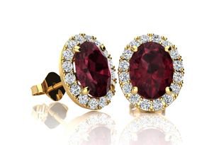 Garnet Earrings | January Birthstone | 1 1/4ct Oval Garnet and Halo Diamond Stud Earrings In Yellow Gold | SuperJeweler