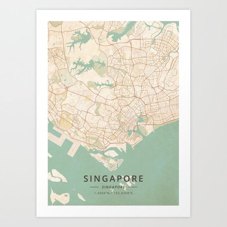Singapore, Singapore - Vintage Map Art Print by designermapart | Society6