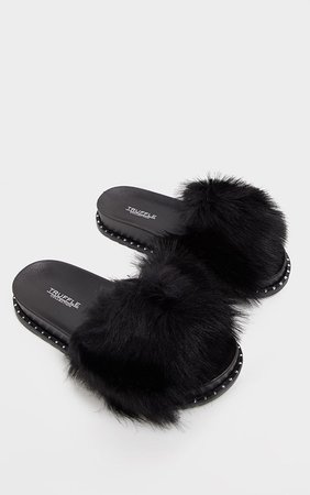 Black Faux Fur Studded Slider | Shoes | PrettyLittleThing