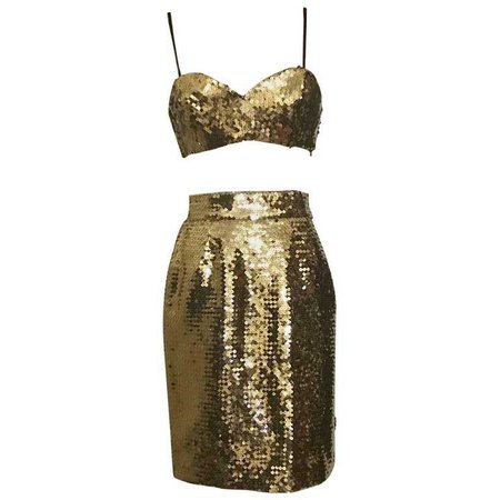 Moschino Couture Gold Sequin Cropped Bustier and Skirt Set, 1990s For Sale at 1stdibs