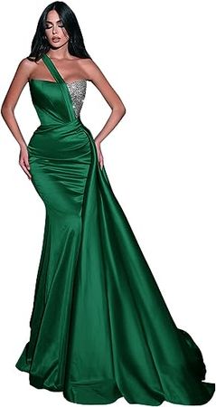 Amazon.com: One Shoulder Sequin Mermaid Prom Dress Satin Ruched Ball Gowns Long Evening Formal Party Dress for Women : Clothing, Shoes & Jewelry