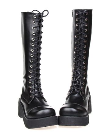 Lolitashow Gothic Black Lolita Boots Platform Shoelace Zip Designed - Lolitashow.com